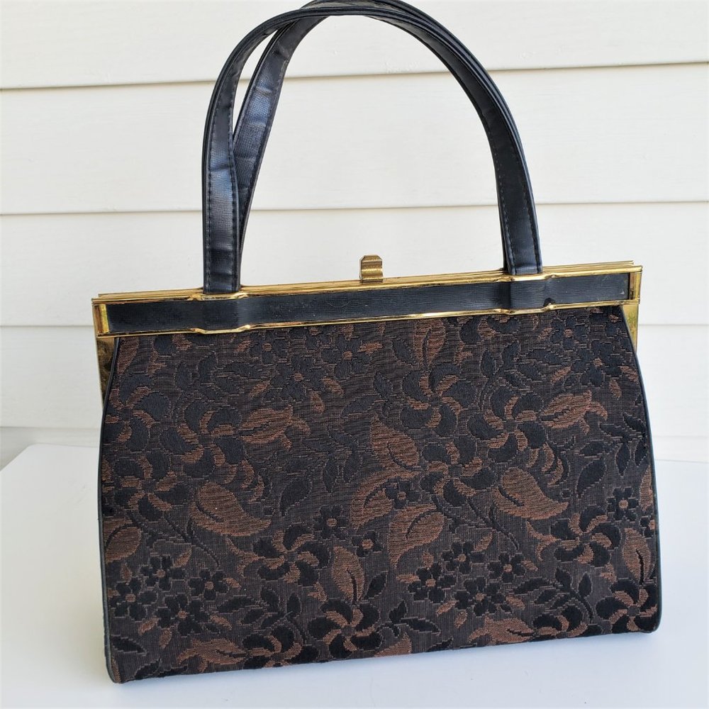 Vintage 50s/60s Brown Floral Tapestry Leather Top Handle Handbag - Picture 7 of 11